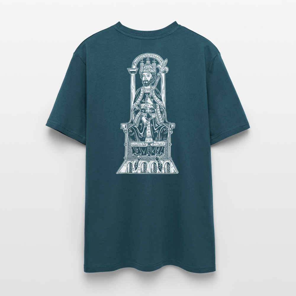 Bio-Shirt Friedrich I. Barbarossa (weißer Print hinten) | Mittelalterlicher Codex - Dunkles Petrol