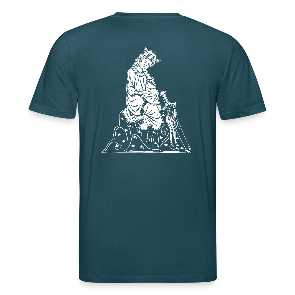 Bio-Shirt Walther von der Vogelweide (weißer Print hinten) | Mittelalterlicher Codex - Dunkles Petrol