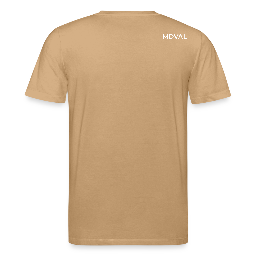 Templer Shirt | Symbol des Templerordens "Zwei Reiter auf einem Pferd" front | dunkel | Bio-Shirt - Karamell 